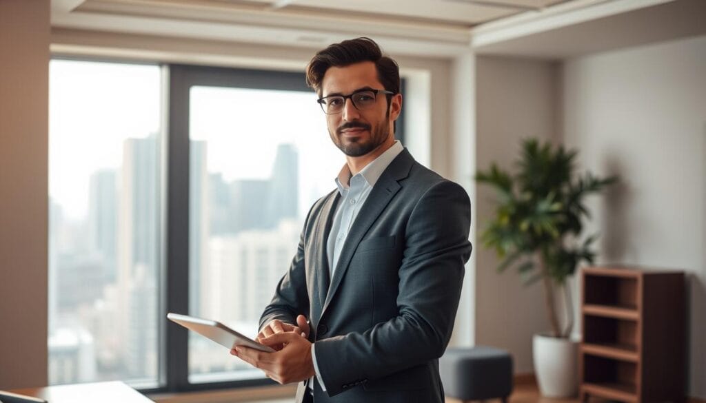 A professional financial planner standing confidently in a modern office setting, wearing a well-tailored suit and holding a tablet. The lighting is soft and warm, creating a welcoming atmosphere. The background features a minimalist decor with clean lines and a large window overlooking a city skyline, conveying a sense of expertise and trustworthiness. The planner's expression is one of focused concentration, suggesting a deep understanding of complex financial strategies. The composition emphasizes the planner's role as a knowledgeable and reliable guide in navigating the world of investments.