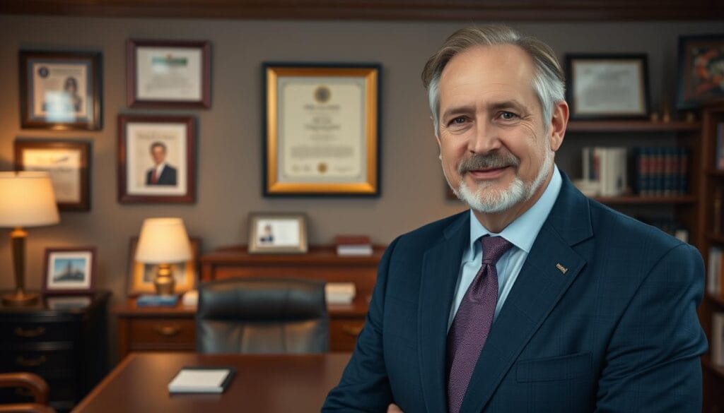 A professional middle-aged financial advisor, dressed in a well-tailored navy blue suit, stands in a serene office setting. The advisor's face exudes a calm, confident demeanor, reflecting their expertise and trustworthiness. The office features a large oak desk, framed certificates, and bookshelves filled with financial literature, creating an atmosphere of professionalism and credibility. Soft, warm lighting illuminates the scene, conveying a sense of reassurance and competence. The overall impression is that of a seasoned, fiduciary-minded individual who can provide sound financial guidance.