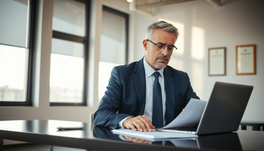 A professional middle-aged male financial advisor in a crisp navy blue suit and tie, sitting at a sleek, modern desk in a well-lit, minimalist office. He has a thoughtful, focused expression as he reviews financial documents and data on a laptop. Sunlight streams in from large windows behind him, casting a warm, natural glow. The background is clean and uncluttered, with a few framed certificates or awards visible, conveying his expertise and authority in the field of financial planning.
