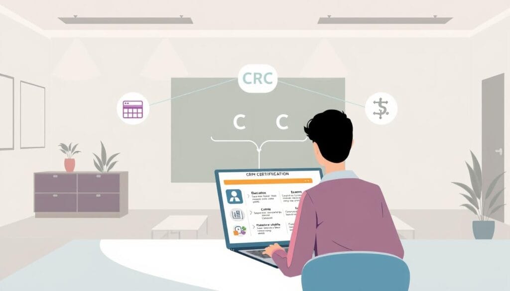 A professional, modern-looking illustration depicting the CRPC certification process. The foreground shows a person sitting at a desk, focused on a laptop screen displaying the various steps and requirements for obtaining the CRPC designation. The middle ground features icons and graphics representing the different stages, such as education, examination, and certification. The background showcases a clean, minimalist office setting with subtle lighting and muted colors, creating a calm and professional atmosphere. The overall composition conveys a sense of structure, clarity, and the diligent steps involved in becoming a Chartered Retirement Planning Counselor. A professional, modern-looking illustration depicting the CRPC certification process. The foreground shows a person sitting at a desk, focused on a laptop screen displaying the various steps and requirements for obtaining the CRPC designation. The middle ground features icons and graphics representing the different stages, such as education, examination, and certification. The background showcases a clean, minimalist office setting with subtle lighting and muted colors, creating a calm and professional atmosphere. The overall composition conveys a sense of structure, clarity, and the diligent steps involved in becoming a Chartered Retirement Planning Counselor.