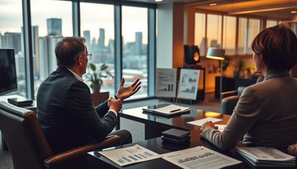 A professional office setting with a focus on financial planning. In the foreground, a businessperson sits at a desk, hands gesturing as they explain the intricacies of a non-qualified retirement plan to a client. Sleek, modern furniture and equipment surround them, creating an atmosphere of sophistication and expertise. The middle ground features various financial documents and charts, hinting at the complexities of these specialized retirement vehicles. In the background, a city skyline is visible through large windows, symbolizing the broader financial landscape in which these plans operate. Warm, directional lighting illuminates the scene, casting subtle shadows and highlighting the details. The overall mood is one of thoughtful consideration, highlighting the nuances and purpose of non-qualified retirement plans. A professional office setting with a focus on financial planning. In the foreground, a businessperson sits at a desk, hands gesturing as they explain the intricacies of a non-qualified retirement plan to a client. Sleek, modern furniture and equipment surround them, creating an atmosphere of sophistication and expertise. The middle ground features various financial documents and charts, hinting at the complexities of these specialized retirement vehicles. In the background, a city skyline is visible through large windows, symbolizing the broader financial landscape in which these plans operate. Warm, directional lighting illuminates the scene, casting subtle shadows and highlighting the details. The overall mood is one of thoughtful consideration, highlighting the nuances and purpose of non-qualified retirement plans.