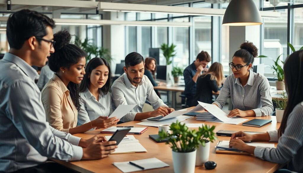 A professional office setting with employees of diverse ages and backgrounds engaged in various work-related activities. The foreground depicts a group of coworkers collaborating at a conference table, their expressions thoughtful as they discuss documents and digital devices. In the middle ground, individuals work diligently at their desks, typing on computers and making phone calls. The background showcases a modern, well-lit office space with large windows, potted plants, and tasteful decor, creating a calm and productive atmosphere. The lighting is soft and natural, casting a warm glow across the scene. The overall mood is one of focused professionalism and collaborative teamwork. A professional office setting with employees of diverse ages and backgrounds engaged in various work-related activities. The foreground depicts a group of coworkers collaborating at a conference table, their expressions thoughtful as they discuss documents and digital devices. In the middle ground, individuals work diligently at their desks, typing on computers and making phone calls. The background showcases a modern, well-lit office space with large windows, potted plants, and tasteful decor, creating a calm and productive atmosphere. The lighting is soft and natural, casting a warm glow across the scene. The overall mood is one of focused professionalism and collaborative teamwork.