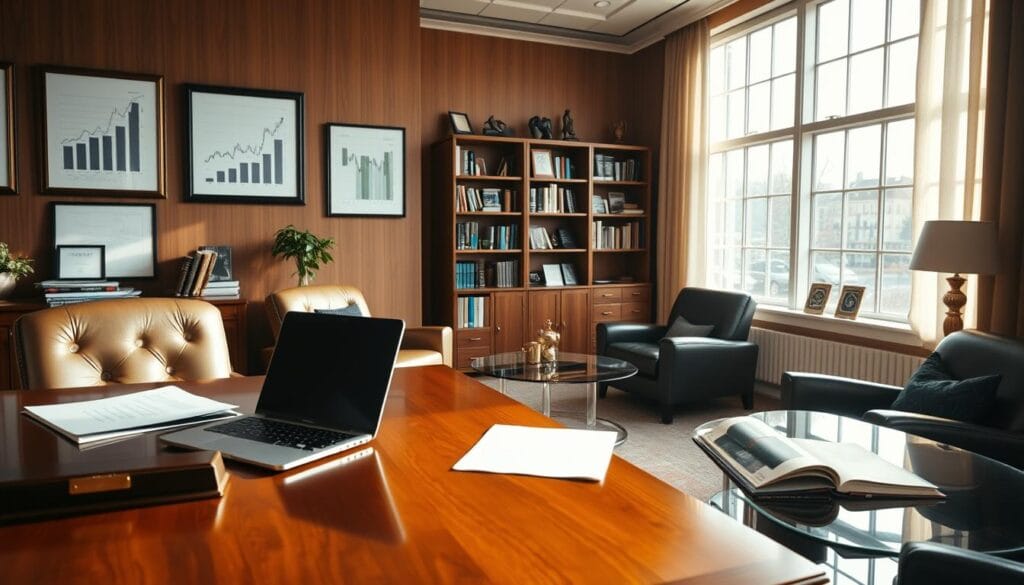 A professional portfolio management office, flooded with natural light from large windows. In the foreground, a polished wooden desk with a laptop, documents, and a brass nameplate. On the wall behind, framed financial charts and graphs. The middle ground features comfortable leather chairs and a glass coffee table with magazines. The background showcases a bookshelf filled with financial publications and awards. Warm, earthy tones create a sophisticated, trustworthy atmosphere. The overall scene conveys expertise, diligence, and a commitment to client success.