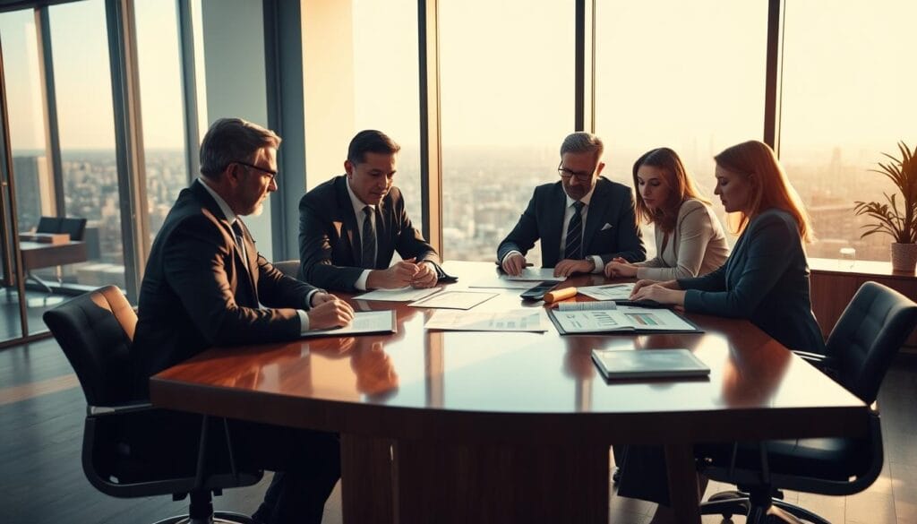 A professional team of financial advisors meeting around a polished wooden table, bathed in warm, natural lighting from large windows. Their faces convey focused concentration as they review financial documents and charts. In the background, a modern office space with minimalist decor and a cityscape visible through the windows, suggesting a high-end, urban setting. The overall atmosphere is one of expertise, authority, and thoughtful decision-making.