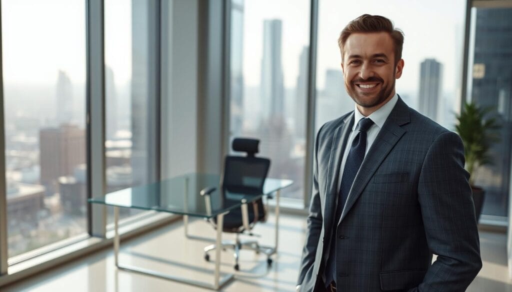 A professional, well-dressed fiduciary financial advisor standing in a modern, minimalist office. The advisor is in the foreground, looking confident and trustworthy, with a warm, inviting expression. The middle ground features a sleek, glass-topped desk and ergonomic chair. The background showcases large windows overlooking a bustling cityscape, bathed in soft, natural lighting. The overall atmosphere conveys a sense of expertise, transparency, and a commitment to the client's best interests.