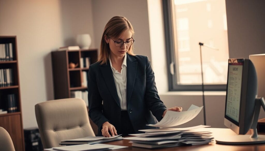 A professional woman, dressed in a smart suit, stands in a well-lit office, meticulously organizing financial documents and reviewing paperwork. Beside her, a computer displays a credit report, its details carefully scrutinized. The background features a bookshelf and a large window, suggesting a sense of security and control during the divorce proceedings. Subtle lighting casts a warm, reassuring glow, emphasizing the importance of protecting one's financial wellbeing during this transitional period. The overall mood conveys a determined, yet cautious, approach to safeguarding one's credit during the divorce process. A professional woman, dressed in a smart suit, stands in a well-lit office, meticulously organizing financial documents and reviewing paperwork. Beside her, a computer displays a credit report, its details carefully scrutinized. The background features a bookshelf and a large window, suggesting a sense of security and control during the divorce proceedings. Subtle lighting casts a warm, reassuring glow, emphasizing the importance of protecting one's financial wellbeing during this transitional period. The overall mood conveys a determined, yet cautious, approach to safeguarding one's credit during the divorce process.