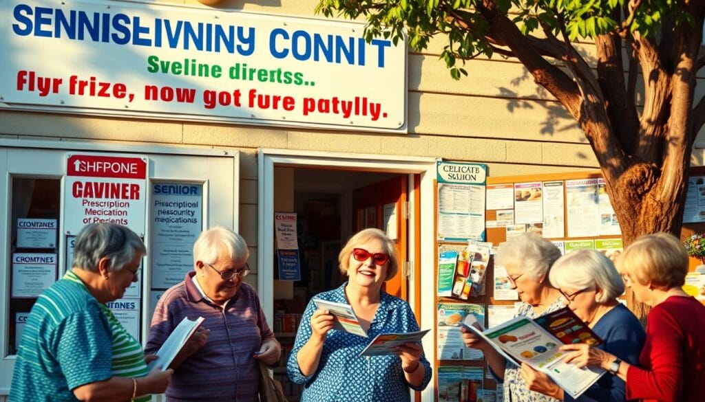 A quaint senior community center, its facade adorned with colorful signage highlighting various discounts and offers for the golden-aged patrons. The warm afternoon sunlight casts a soft glow, accentuating the friendly atmosphere. In the foreground, a group of retirees enthusiastically browse through pamphlets, discussing the latest savings opportunities. The middle ground showcases a display of discounted goods, from discounted prescription medications to reduced-price groceries. In the background, a bulletin board overflows with coupons, flyers, and announcements, all catering to the unique financial needs of the senior demographic. The scene evokes a sense of community, empowerment, and the joy of discovering unexpected ways to stretch one's retirement budget.