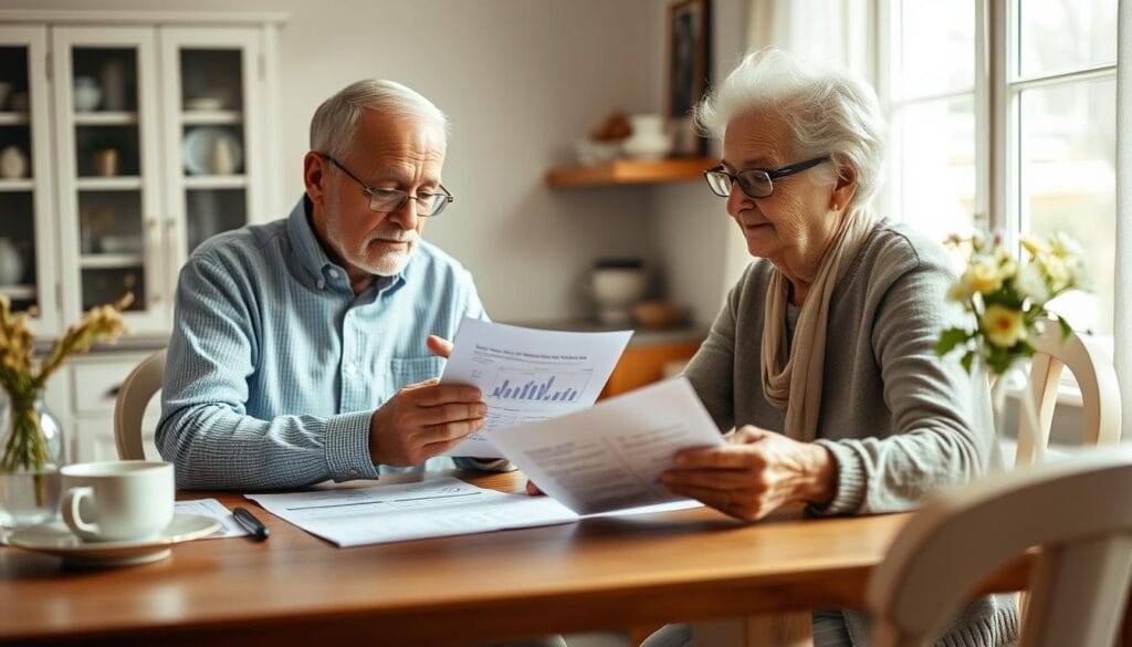 A retired couple sitting at a kitchen table, reviewing their monthly expenses and budgeting for a sustainable spending rate. The scene is softly lit with natural light filtering through a window, creating a warm and contemplative atmosphere. The table is adorned with simple yet elegant décor, suggesting a well-organized and thoughtful approach to personal finance. The couple's expressions convey a sense of careful consideration as they analyze detailed financial documents and discuss their retirement plans.