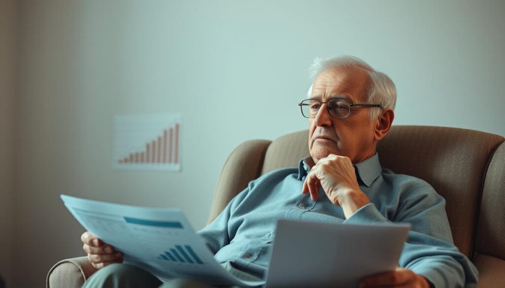 A retiree sitting pensively in a comfortable armchair, surrounded by financial documents and charts depicting the impact of inflation on retirement savings. Soft, natural lighting illuminates the scene, creating a contemplative atmosphere. The retiree's expression conveys a mix of concern and determination, as they ponder the challenges of maintaining a secure financial future in the face of rising costs. The background features a muted, neutral color palette, allowing the focal point of the retiree and the financial information to take center stage. The overall composition and mood evoke the importance of planning for inflation in retirement. A retiree sitting pensively in a comfortable armchair, surrounded by financial documents and charts depicting the impact of inflation on retirement savings. Soft, natural lighting illuminates the scene, creating a contemplative atmosphere. The retiree's expression conveys a mix of concern and determination, as they ponder the challenges of maintaining a secure financial future in the face of rising costs. The background features a muted, neutral color palette, allowing the focal point of the retiree and the financial information to take center stage. The overall composition and mood evoke the importance of planning for inflation in retirement.