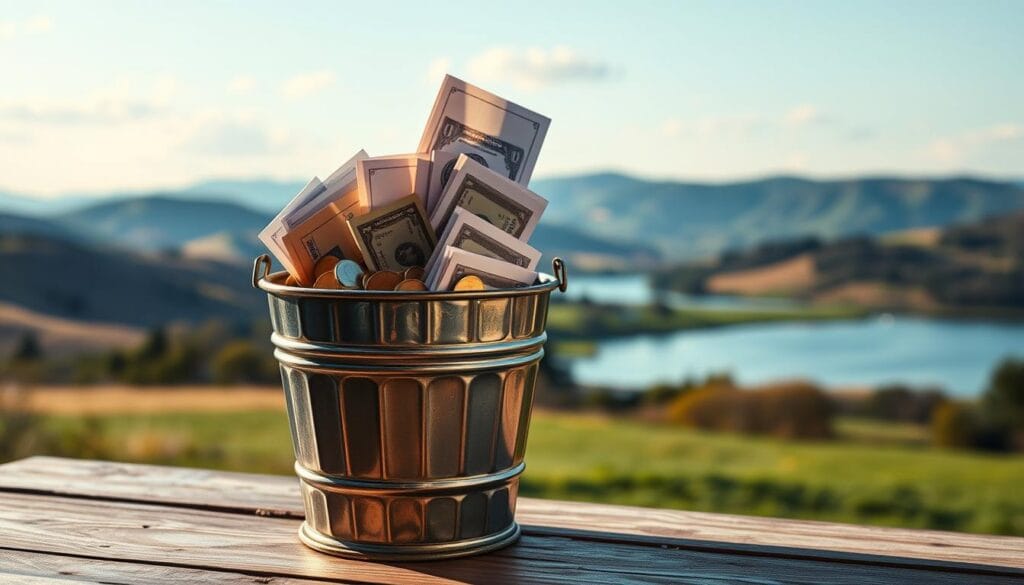 A retirement income plan with a bucket strategy. A sturdy metal bucket filled with coins, bills, and financial documents, standing on a wooden table. The bucket is illuminated from the side, casting a warm, inviting glow. In the background, a serene landscape with rolling hills, a peaceful lake, and a cloudless blue sky. The overall mood is one of financial stability, security, and careful planning for the future. A retirement income plan with a bucket strategy. A sturdy metal bucket filled with coins, bills, and financial documents, standing on a wooden table. The bucket is illuminated from the side, casting a warm, inviting glow. In the background, a serene landscape with rolling hills, a peaceful lake, and a cloudless blue sky. The overall mood is one of financial stability, security, and careful planning for the future.