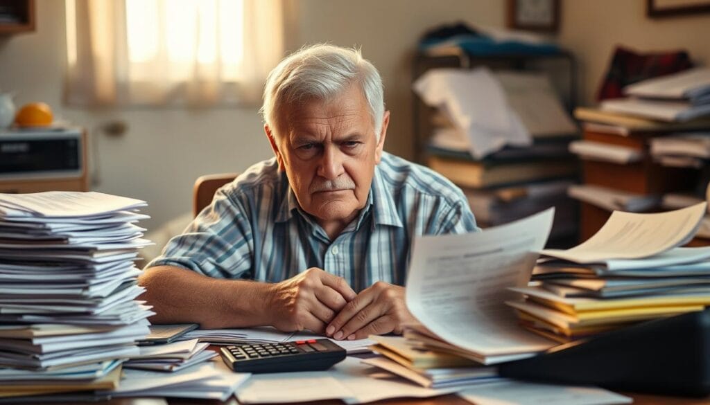 A senior citizen sits at a cluttered desk, brow furrowed in concentration. Stacks of bills, financial documents, and a calculator clutter the surface, reflecting the challenges of managing a fixed income. The lighting is soft and warm, casting shadows that highlight the weary expression on the person's face. The background is blurred, but hints at a modest, well-lived-in home, conveying a sense of the daily struggle to make ends meet. The scene evokes a feeling of financial stress and the difficulties faced by many seniors in maintaining financial stability. A senior citizen sits at a cluttered desk, brow furrowed in concentration. Stacks of bills, financial documents, and a calculator clutter the surface, reflecting the challenges of managing a fixed income. The lighting is soft and warm, casting shadows that highlight the weary expression on the person's face. The background is blurred, but hints at a modest, well-lived-in home, conveying a sense of the daily struggle to make ends meet. The scene evokes a feeling of financial stress and the difficulties faced by many seniors in maintaining financial stability.