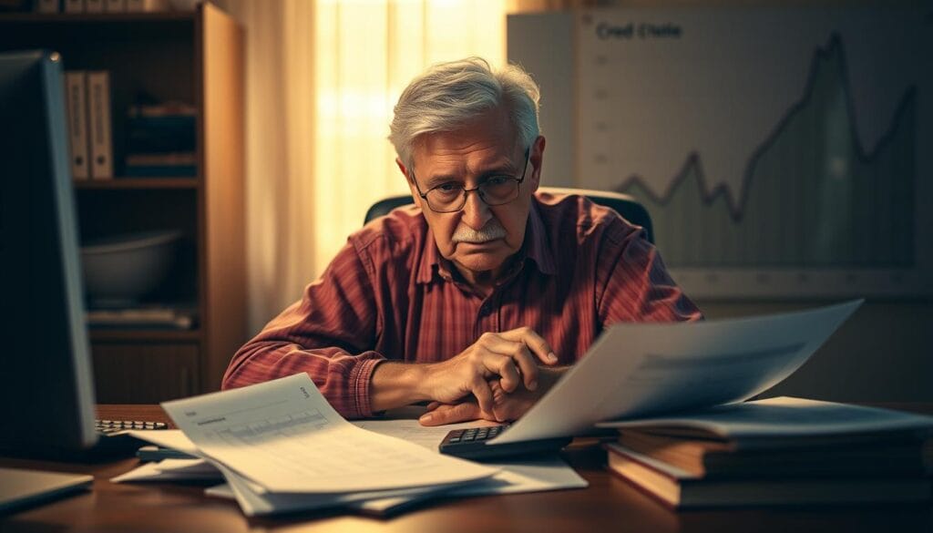 A senior citizen sitting at a desk, surrounded by financial documents and a calculator, with a worried expression on their face. The scene is illuminated by a warm, golden light, casting shadows that emphasize the weight of the decision they are facing. In the background, a blurred graph or chart depicts the long-term impact of their credit choices, creating a sense of uncertainty and the far-reaching consequences. The composition emphasizes the isolation and stress experienced by the senior, highlighting the challenge of navigating the complex financial landscape and its lasting effects on their credit.