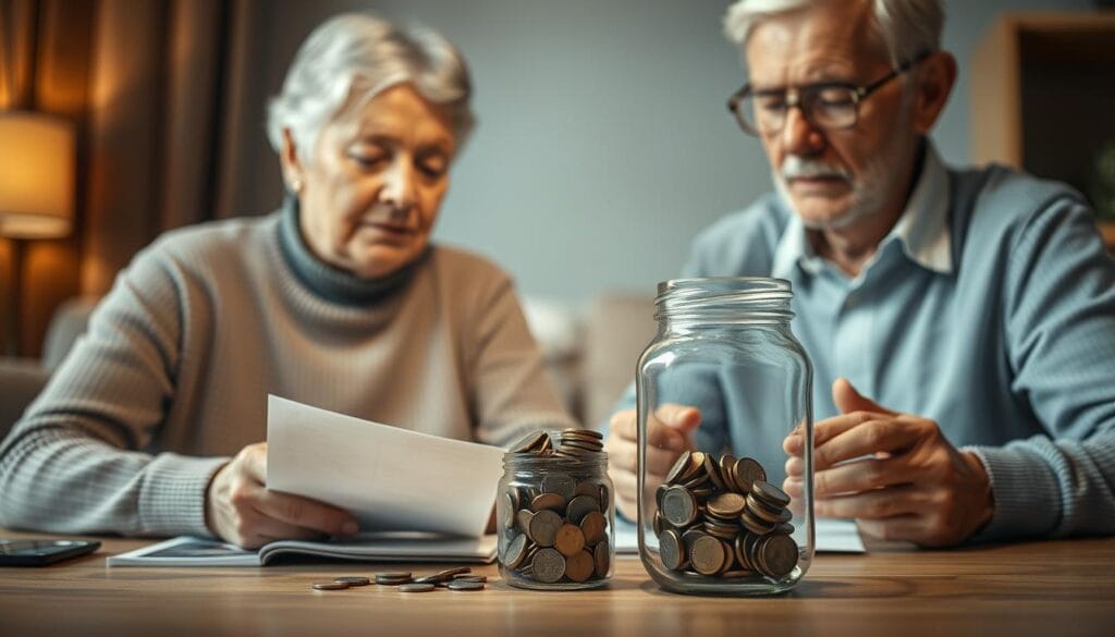 A senior couple carefully reviewing their monthly expenses, with a clear glass jar filled with coins representing their growing budget savings. The scene is captured in a warm, cozy atmosphere, with soft lighting illuminating the table and the couple's thoughtful expressions. The background features a blend of muted tones, suggesting a comfortable, home-like setting. The overall composition conveys a sense of financial responsibility and preparation for the next stage of their lives. A senior couple carefully reviewing their monthly expenses, with a clear glass jar filled with coins representing their growing budget savings. The scene is captured in a warm, cozy atmosphere, with soft lighting illuminating the table and the couple's thoughtful expressions. The background features a blend of muted tones, suggesting a comfortable, home-like setting. The overall composition conveys a sense of financial responsibility and preparation for the next stage of their lives.
