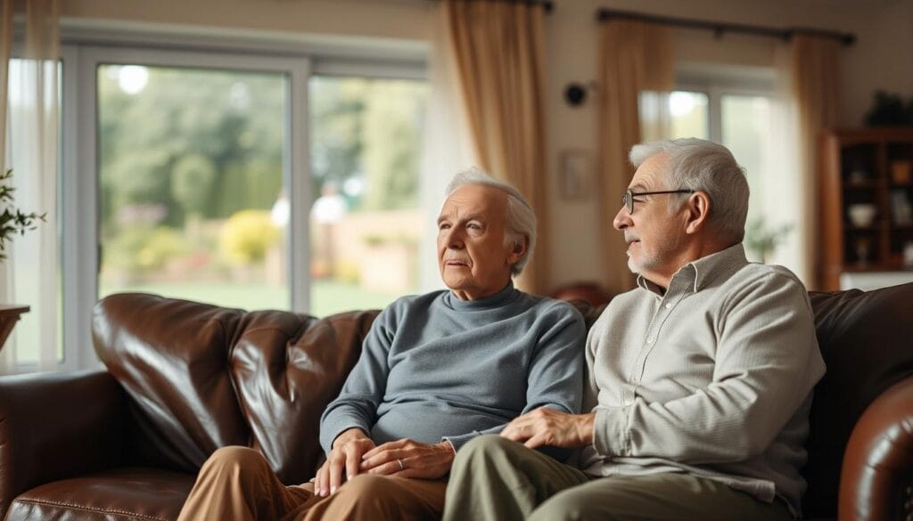 A senior couple in their 70s sitting together on a plush leather couch, deep in conversation. The living room is warm and inviting, with soft lighting filtering through sheer curtains. In the background, a panoramic window overlooks a picturesque garden, symbolizing the tranquility and comfort of their home. Their facial expressions convey a sense of trust and understanding, reflecting the importance of long-term care planning for their golden years. The scene evokes a feeling of security, care, and the peace of mind that comes with being prepared for the future.