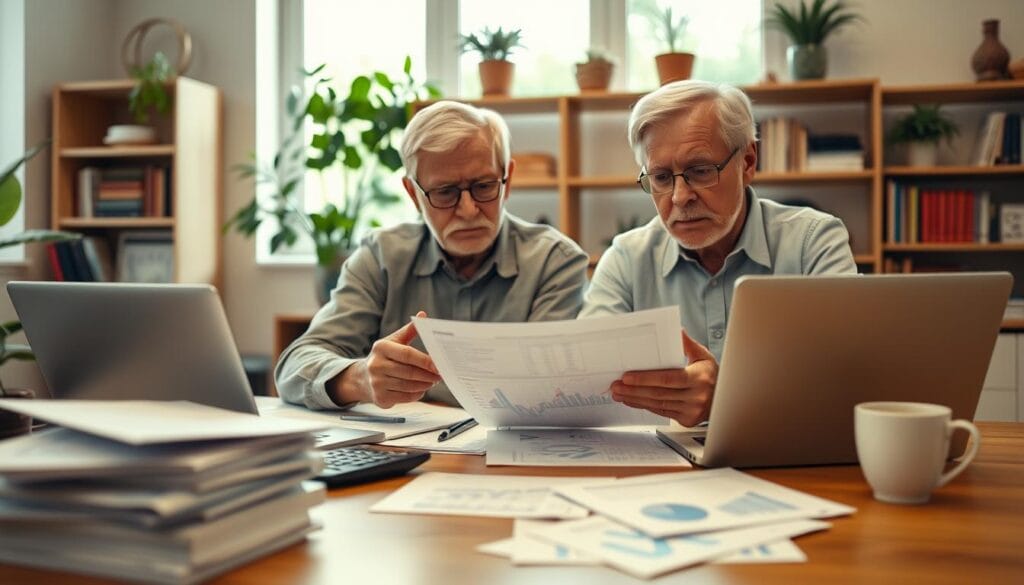 A senior couple seated at a table, poring over financial documents and laptops, with a thoughtful, focused expression. The foreground features stacks of papers, a calculator, and a cup of coffee, conveying the serious, contemplative nature of their financial planning. The middle ground shows the couple discussing intently, their hands gesturing as they review charts and figures. The background is a cozy, home office setting with bookshelves, potted plants, and warm, natural lighting, creating a sense of comfort and security. The overall mood is one of diligence, care, and the importance of sound financial management for seniors.
