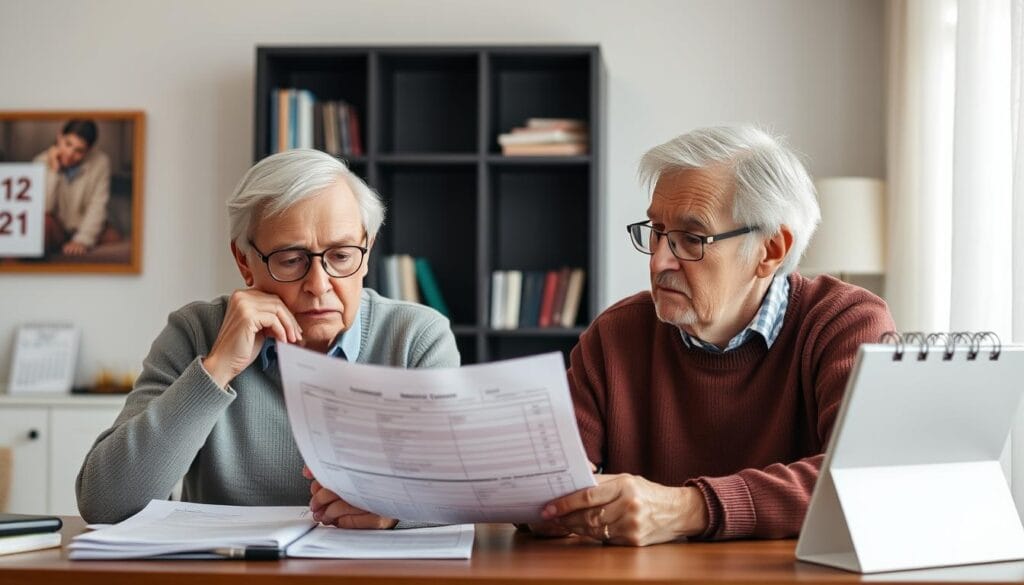 A senior couple sitting at a desk, contemplating their mortgage statement and tax forms. Soft, natural lighting illuminates their worried expressions as they review the financial implications of their debt. In the background, a bookshelf with financial planning books and a calendar signify the passage of time. The scene conveys a sense of concern and uncertainty as they navigate the complexities of their retirement finances.