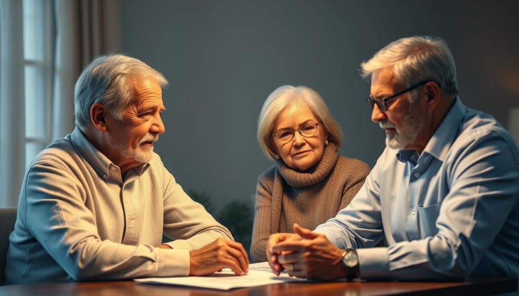 A senior couple sitting at a desk, engaged in a thoughtful discussion with a professional financial consultant. The consultant's face is illuminated by warm, natural lighting, conveying a sense of trust and expertise. The couple's expressions reflect a mix of consideration and confidence as they review financial documents and charts on the desk. The background is softly blurred, focusing the viewer's attention on the intimate consultation. The overall scene evokes a serene, contemplative atmosphere, suitable for an article on choosing the right financial advisor for seniors.