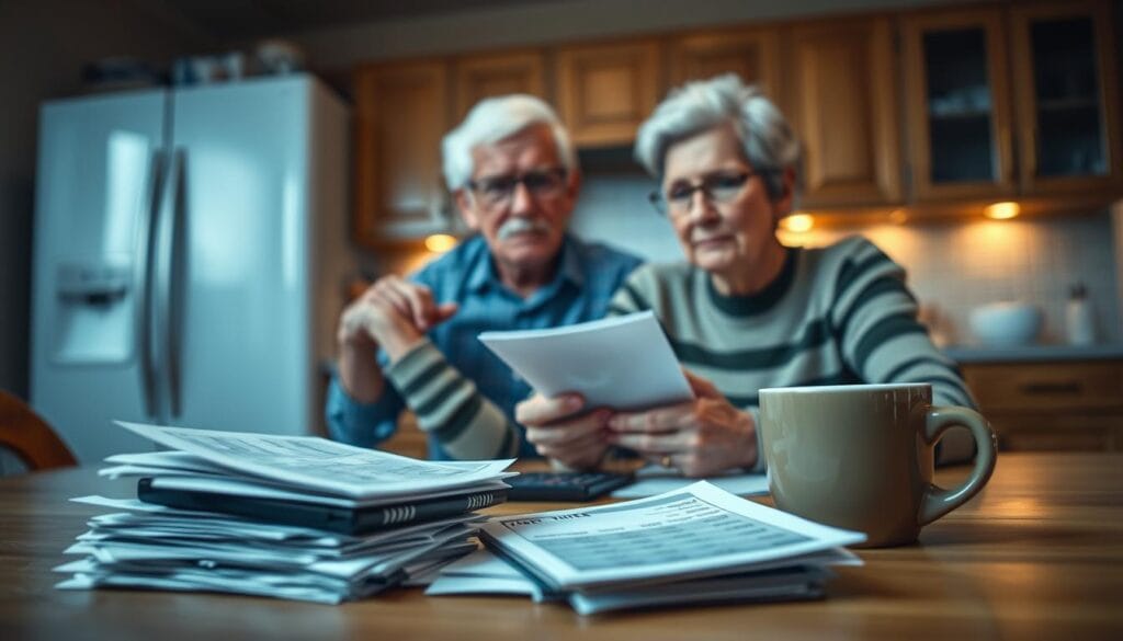 A senior couple sitting at a kitchen table, contemplating their retirement expenses. The foreground features a pile of bills, a calculator, and a cup of coffee, conveying the seriousness and weight of their financial concerns. The middle ground shows the couple, their faces etched with worry, as they review their budget. The background is a cozy, warm-toned kitchen, with muted lighting and a sense of domesticity, suggesting the comfort of home juxtaposed with the stress of retirement planning. The overall mood is one of quiet contemplation, highlighting the financial realities faced by today's seniors. A senior couple sitting at a kitchen table, contemplating their retirement expenses. The foreground features a pile of bills, a calculator, and a cup of coffee, conveying the seriousness and weight of their financial concerns. The middle ground shows the couple, their faces etched with worry, as they review their budget. The background is a cozy, warm-toned kitchen, with muted lighting and a sense of domesticity, suggesting the comfort of home juxtaposed with the stress of retirement planning. The overall mood is one of quiet contemplation, highlighting the financial realities faced by today's seniors.