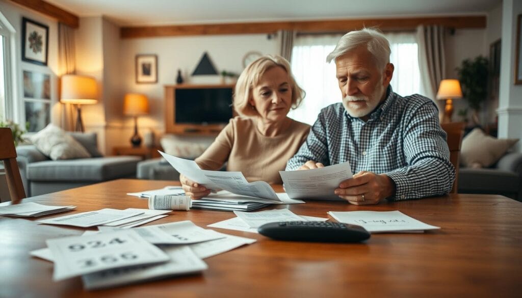 A senior couple sitting at a wooden table, concentrating on their finances. The foreground shows an organized array of bills, bank statements, and a calculator on the table's surface, conveying a sense of careful budgeting. In the middle ground, the couple is engaged in a serious discussion, their expressions reflecting the importance of the task at hand. The background features a warm, cozy living room with soft lighting, adding to the atmosphere of thoughtful financial planning. The overall scene depicts the responsible and disciplined approach senior citizens take towards managing their household budgets.