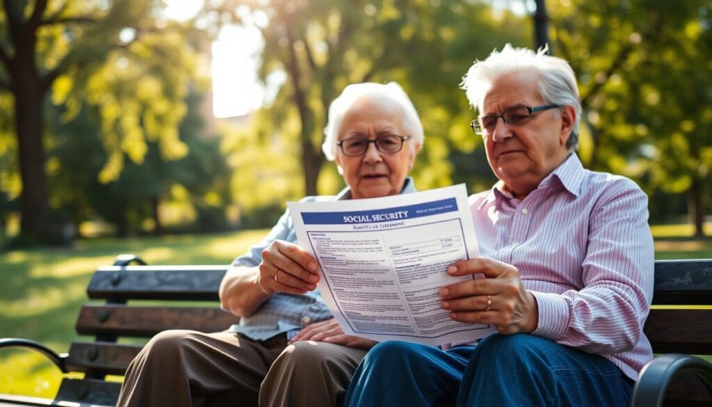 A senior couple sitting on a park bench, basking in the warm afternoon sunlight, as they review their Social Security benefits statement. The foreground shows their hands holding the paperwork, the middle ground captures their contemplative expressions, and the background depicts a lush, verdant park setting with trees swaying in a gentle breeze. The scene conveys a sense of financial security, tranquility, and contentment in their golden years. A senior couple sitting on a park bench, basking in the warm afternoon sunlight, as they review their Social Security benefits statement. The foreground shows their hands holding the paperwork, the middle ground captures their contemplative expressions, and the background depicts a lush, verdant park setting with trees swaying in a gentle breeze. The scene conveys a sense of financial security, tranquility, and contentment in their golden years.