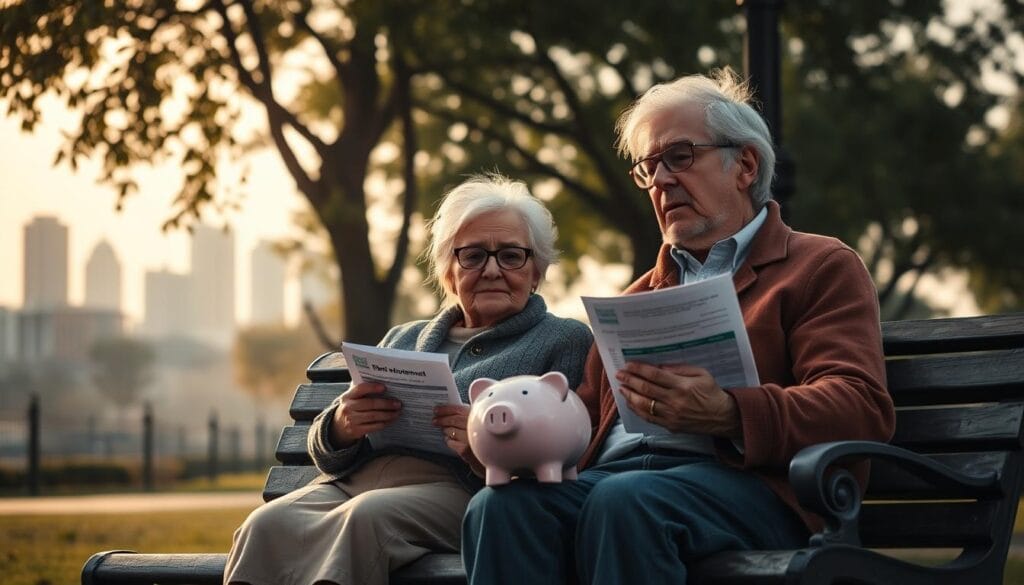 A senior couple sitting on a park bench, gazing wistfully at a piggy bank and retirement investment documents, with a cityscape in the background. Muted afternoon light filters through trees, casting gentle shadows. The couple's expressions convey regret and wistfulness, as if lamenting missed opportunities to save more for their golden years. The scene is infused with a melancholic atmosphere, subtly conveying the article's subject of financial regrets due to not saving early enough for retirement. A senior couple sitting on a park bench, gazing wistfully at a piggy bank and retirement investment documents, with a cityscape in the background. Muted afternoon light filters through trees, casting gentle shadows. The couple's expressions convey regret and wistfulness, as if lamenting missed opportunities to save more for their golden years. The scene is infused with a melancholic atmosphere, subtly conveying the article's subject of financial regrets due to not saving early enough for retirement.