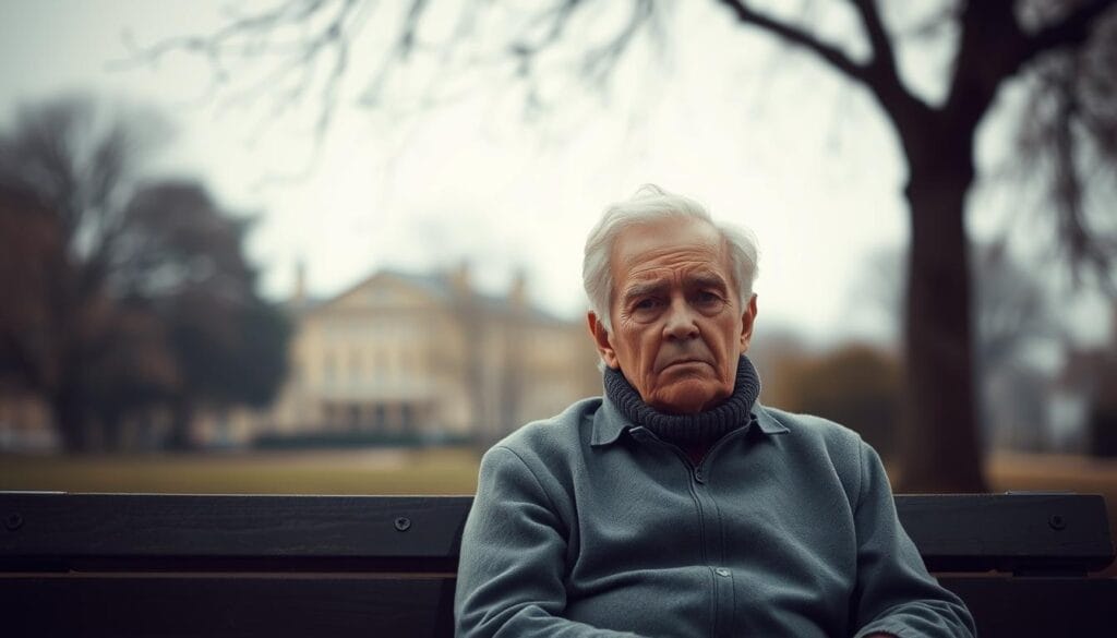 A senior couple sitting on a park bench, their faces etched with the emotional toll of a "gray divorce." The foreground depicts their somber expressions, conveying the loneliness and uncertainty they face. The middle ground shows a blurred, out-of-focus background, symbolizing the complex legal and financial challenges they navigate. Soft, muted lighting casts a melancholic atmosphere, while a gentle depth of field focuses the viewer's attention on the couple's pensive gaze. The image embodies the bittersweet emotional journey of "gray divorce" and the need to find resilience in the face of this life-altering transition. A senior couple sitting on a park bench, their faces etched with the emotional toll of a "gray divorce." The foreground depicts their somber expressions, conveying the loneliness and uncertainty they face. The middle ground shows a blurred, out-of-focus background, symbolizing the complex legal and financial challenges they navigate. Soft, muted lighting casts a melancholic atmosphere, while a gentle depth of field focuses the viewer's attention on the couple's pensive gaze. The image embodies the bittersweet emotional journey of "gray divorce" and the need to find resilience in the face of this life-altering transition.