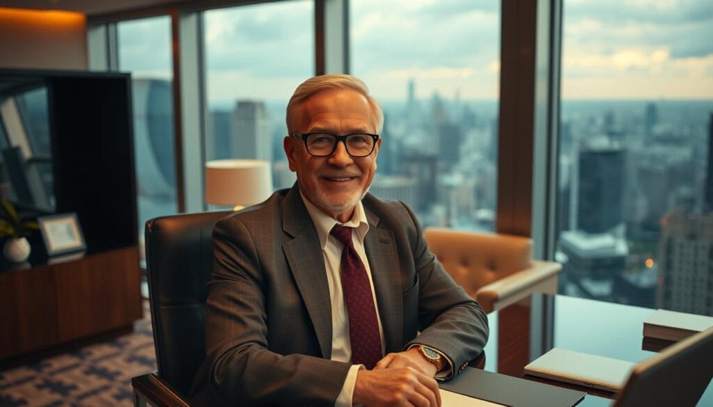 A senior entrepreneur sitting at a well-appointed desk, radiating confidence and success. Warm lighting casts a subtle glow, highlighting their distinguished features and impeccable business attire. In the background, a tastefully decorated office space with floor-to-ceiling windows offering a panoramic view of a bustling cityscape. An air of sophistication and expertise permeates the scene, conveying the hard-earned wisdom and financial acumen of this seasoned professional. The overall atmosphere exudes a sense of achievement, professionalism, and the culmination of a lifetime of entrepreneurial endeavors.