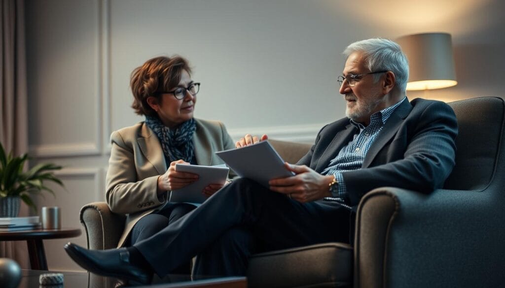 A senior investor sitting comfortably in a plush armchair, engrossed in a financial discussion with a trustworthy, empathetic financial advisor. The advisor's warm, reassuring demeanor and the investor's attentive posture convey a sense of trust and collaboration. The scene is bathed in soft, diffused lighting, creating a calming, professional atmosphere. The background features subtle, elegant décor that exudes a sense of stability and expertise. The composition is balanced, with the advisor and investor positioned in the foreground, commanding the viewer's attention.