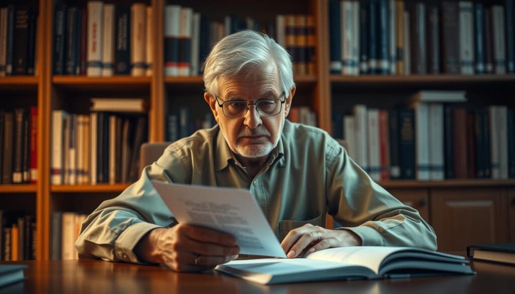 A senior person sitting at a desk, intently reviewing and signing healthcare directive documents. The lighting is warm and soft, creating a thoughtful, focused atmosphere. The background is a bookshelf filled with medical and legal references, subtly conveying the gravity of the decision-making process. The subject's expression is one of concentration and care, their hands steady as they carefully read and sign the papers. The overall scene evokes the importance of end-of-life planning and the responsibility involved in making informed healthcare choices for one's later years.
