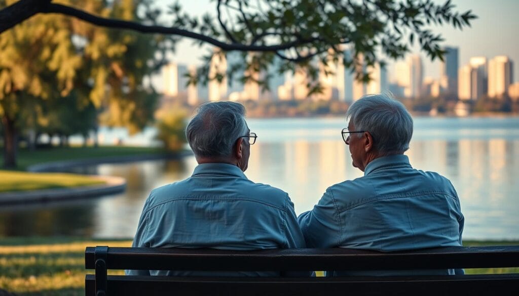 A serene and contemplative scene of retirement planning. In the foreground, an elderly couple sits on a park bench, deep in discussion, their expressions pensive yet hopeful. The middle ground features a tranquil lake with swaying trees along the shore, casting gentle reflections. In the background, a picturesque cityscape with modern high-rises blends seamlessly with the natural landscape, symbolizing the balance between work and leisure in retirement. Soft, warm lighting bathes the scene, creating a sense of comfort and security. The overall atmosphere evokes a thoughtful, introspective mood, capturing the essence of understanding what retirement planning involves today.