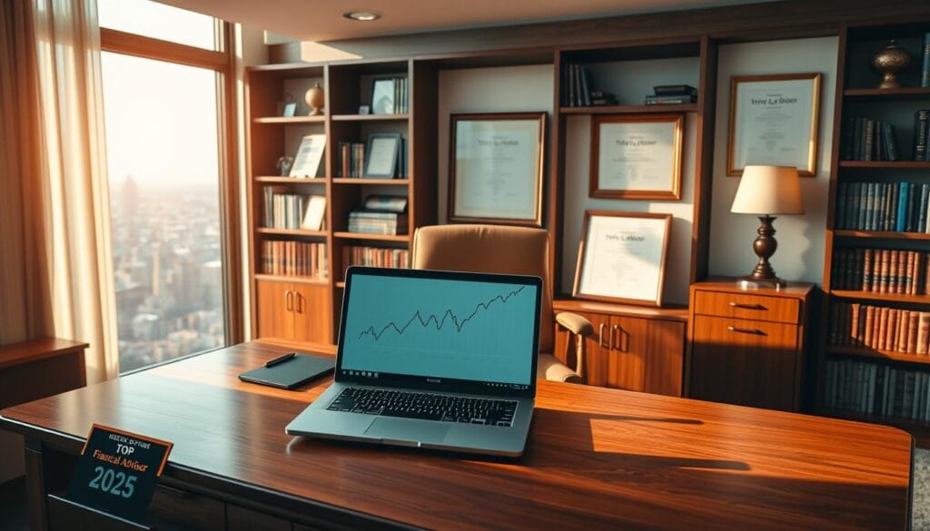 A serene and sophisticated office setting, bathed in warm, natural lighting from large windows. In the foreground, a polished wooden desk with a sleek laptop and a stylized financial chart displayed on the screen. On the desk, a nameplate reads "Top Financial Advisor for Seniors 2025". Behind the desk, a comfortable leather chair faces the viewer, subtly inviting. The middle ground features bookshelves filled with financial tomes, complemented by framed certificates and awards on the walls, conveying a sense of expertise and professionalism. The background showcases a panoramic cityscape, hinting at the advisor's broad financial acumen and ability to navigate the complexities of the modern economy.