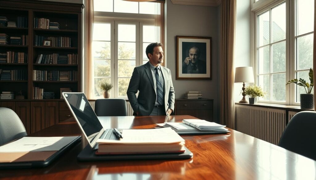 A serene and sophisticated private wealth management office, bathed in warm, natural lighting from large windows. In the foreground, a polished wooden desk with a sleek laptop, a pen, and a stack of financial documents. In the middle ground, two well-dressed individuals engaged in a thoughtful discussion, their expressions conveying trust and expertise. The background features elegant bookshelves, framed artwork, and a subtle color palette of muted grays and browns, creating an atmosphere of professionalism and financial security. A serene and sophisticated private wealth management office, bathed in warm, natural lighting from large windows. In the foreground, a polished wooden desk with a sleek laptop, a pen, and a stack of financial documents. In the middle ground, two well-dressed individuals engaged in a thoughtful discussion, their expressions conveying trust and expertise. The background features elegant bookshelves, framed artwork, and a subtle color palette of muted grays and browns, creating an atmosphere of professionalism and financial security.