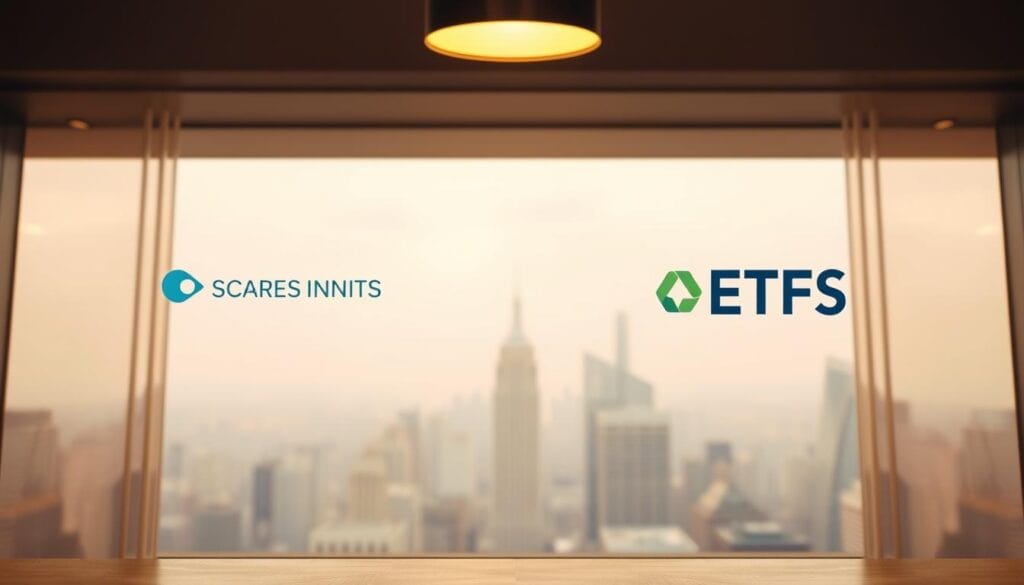 A serene and thoughtful comparison of closed-end funds and ETFs, illuminated by warm, diffused lighting from an overhead window. In the foreground, a closed-end fund logo and an ETF logo float gently, their shapes and colors distinct yet harmonious. The middle ground features a schematic illustration of the key differences between the two investment vehicles, with clean, minimalist graphics. The background showcases a softly blurred cityscape, evoking the financial landscape in which these funds operate. The overall mood is one of clarity, balance, and measured consideration, reflecting the careful analysis required when choosing between closed-end funds and ETFs.