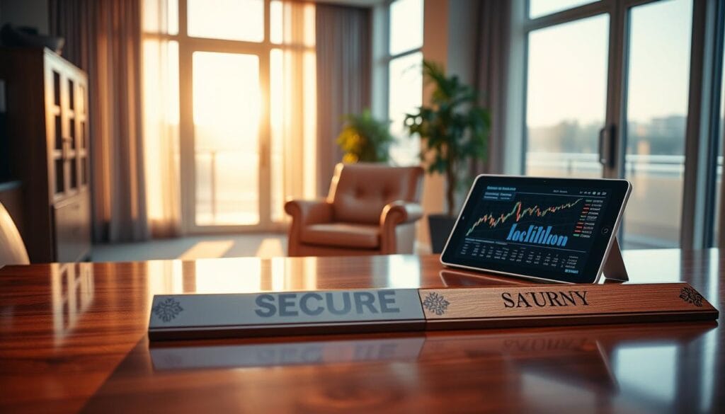 A serene and tranquil office setting, bathed in warm, natural lighting. In the foreground, a polished mahogany desk with a nameplate that exudes professionalism and expertise. On the desk, a tablet displaying financial charts, conveying a sense of security and trustworthiness. In the middle ground, a comfortable leather chair and a potted plant, creating a calming atmosphere. The background features floor-to-ceiling windows, allowing ample natural light to flow in and highlighting the clean, modern decor. The overall scene radiates a sense of reliability, stability, and a commitment to providing sound financial advice. A serene and tranquil office setting, bathed in warm, natural lighting. In the foreground, a polished mahogany desk with a nameplate that exudes professionalism and expertise. On the desk, a tablet displaying financial charts, conveying a sense of security and trustworthiness. In the middle ground, a comfortable leather chair and a potted plant, creating a calming atmosphere. The background features floor-to-ceiling windows, allowing ample natural light to flow in and highlighting the clean, modern decor. The overall scene radiates a sense of reliability, stability, and a commitment to providing sound financial advice.