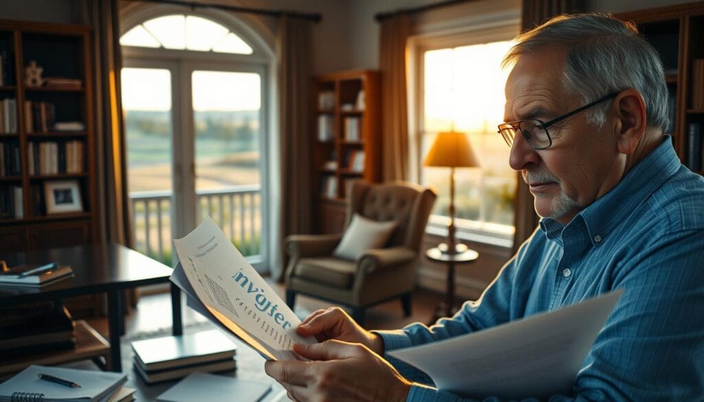A serene and tranquil retirement investment risk assessment scene. In the foreground, a senior investor carefully reviewing financial documents, their face exuding a thoughtful expression. The middle ground features a tastefully decorated home office, with a wooden desk, plush armchair, and bookshelves filled with financial literature. The background showcases a picturesque landscape through a large window, bathed in warm, golden lighting from the setting sun. The overall atmosphere conveys a sense of contemplation, experience, and the prudent management of one's financial future. A serene and tranquil retirement investment risk assessment scene. In the foreground, a senior investor carefully reviewing financial documents, their face exuding a thoughtful expression. The middle ground features a tastefully decorated home office, with a wooden desk, plush armchair, and bookshelves filled with financial literature. The background showcases a picturesque landscape through a large window, bathed in warm, golden lighting from the setting sun. The overall atmosphere conveys a sense of contemplation, experience, and the prudent management of one's financial future.