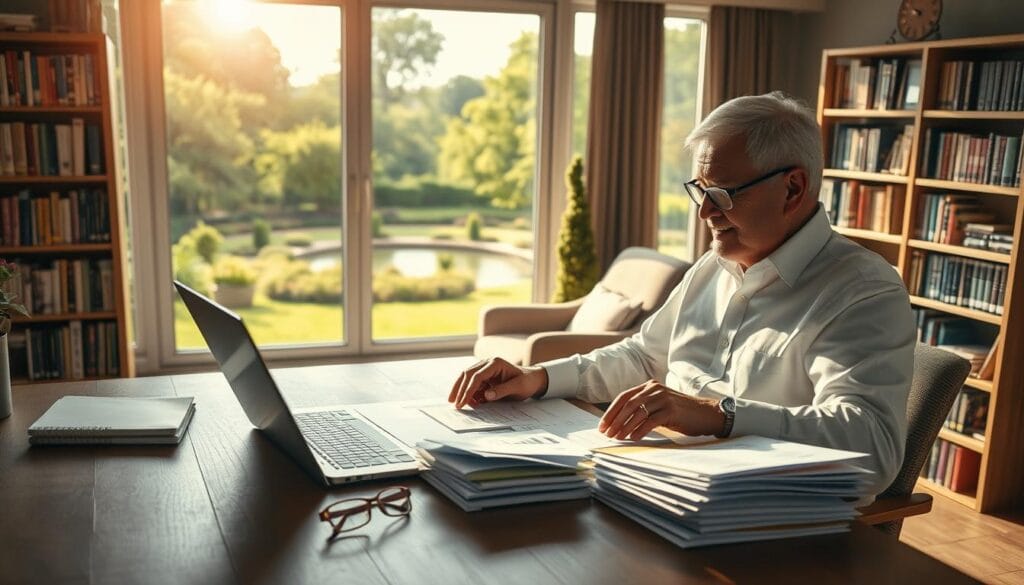 A serene and tranquil scene of a senior business owner meticulously planning for their retirement. In the foreground, a wooden desk with a laptop, reading glasses, and a stack of financial documents. Sunlight filters through a large window, casting a warm glow on the scene. In the middle ground, a comfortable armchair and a bookshelf filled with finance-related books. The background features a panoramic view of a lush, landscaped garden, with a peaceful pond and swaying trees. The overall atmosphere exudes a sense of contemplation, wisdom, and financial security.
