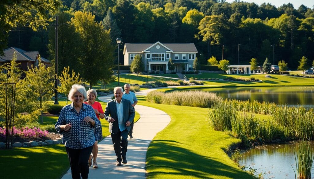 A serene and well-appointed retirement community set against a backdrop of lush greenery and warm sunlight. In the foreground, a group of active seniors engage in light exercise on a well-maintained walking path, their faces filled with contentment. The middle ground features a mix of stylish, low-rise apartment buildings and communal gathering spaces, designed with accessibility and comfort in mind. In the distance, a tranquil pond reflects the azure sky, with a community center building visible, its modern architecture blending seamlessly with the natural surroundings. The overall scene conveys a sense of active, yet peaceful, retirement living, with attention to detail in the landscaping, amenities, and architectural design. A serene and well-appointed retirement community set against a backdrop of lush greenery and warm sunlight. In the foreground, a group of active seniors engage in light exercise on a well-maintained walking path, their faces filled with contentment. The middle ground features a mix of stylish, low-rise apartment buildings and communal gathering spaces, designed with accessibility and comfort in mind. In the distance, a tranquil pond reflects the azure sky, with a community center building visible, its modern architecture blending seamlessly with the natural surroundings. The overall scene conveys a sense of active, yet peaceful, retirement living, with attention to detail in the landscaping, amenities, and architectural design.