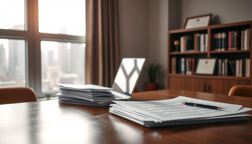 A serene and well-lit office setting, with a wooden desk in the foreground. On the desk, a stack of documents and an open laptop, symbolizing the fiduciary responsibilities of an investment advisor. In the middle ground, a window overlooking a city skyline, representing the broader financial landscape. The lighting is soft and natural, creating a professional and trustworthy atmosphere. In the background, a bookshelf filled with finance-related books and a framed certificate, indicating the advisor's expertise and adherence to regulatory standards. The overall composition conveys the meticulous attention to detail, transparency, and ethical conduct that defines fiduciary standards.