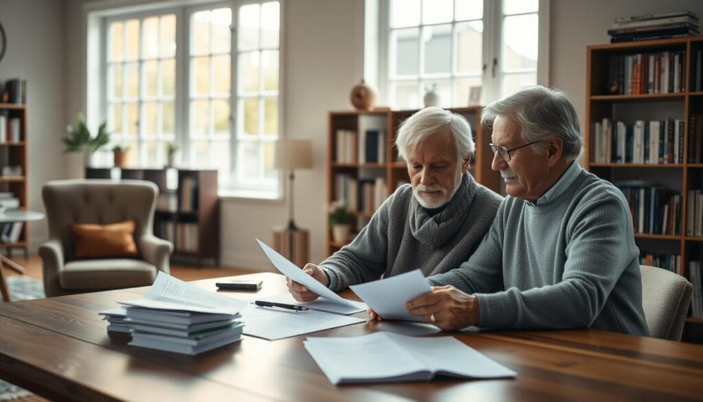 A serene and well-lit scene depicting a mature couple discussing retirement planning, with a focus on government bonds and their role in a diversified investment portfolio. The foreground shows the couple seated at a wooden table, reviewing financial documents and investment options. Soft natural lighting filters in through large windows, creating a warm, contemplative atmosphere. In the background, bookshelves and a cozy armchair suggest a comfortable home office setting. The overall mood conveys a sense of financial security and the importance of planning for a stable retirement. A serene and well-lit scene depicting a mature couple discussing retirement planning, with a focus on government bonds and their role in a diversified investment portfolio. The foreground shows the couple seated at a wooden table, reviewing financial documents and investment options. Soft natural lighting filters in through large windows, creating a warm, contemplative atmosphere. In the background, bookshelves and a cozy armchair suggest a comfortable home office setting. The overall mood conveys a sense of financial security and the importance of planning for a stable retirement.