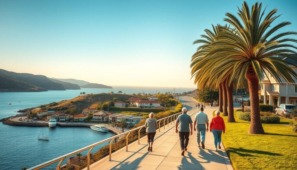 A serene coastal town nestled among rolling hills, with pastel-colored houses lining the streets. A group of active seniors strolling along the waterfront promenade, taking in the breathtaking views of the azure ocean and the distant horizon. In the background, a lush green park with towering palm trees, providing ample shade and a peaceful retreat. The scene is bathed in warm, golden sunlight, creating a sense of tranquility and relaxation. The overall atmosphere conveys the affordability and appeal of this retirement destination, where retirees can enjoy a high quality of life on a budget.