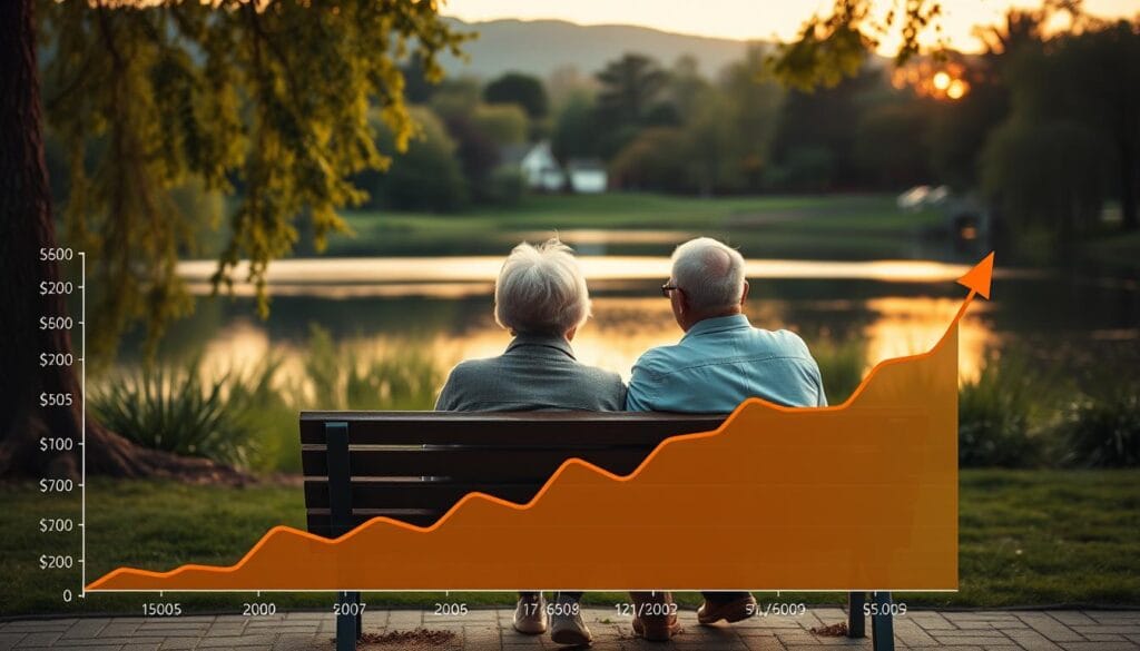A serene financial landscape with a retired couple sitting on a park bench, surrounded by lush greenery and a tranquil lake. The foreground features a graph showcasing the steady growth of their retirement investment returns over time, portrayed through vibrant yet muted colors. The middle ground highlights the couple's contentment, their faces exuding a sense of satisfaction and financial security. The background is a picturesque scene with a warm, golden hour lighting, creating a calming and hopeful atmosphere. The overall composition conveys the key factors that have contributed to the couple's successful retirement investment strategy. A serene financial landscape with a retired couple sitting on a park bench, surrounded by lush greenery and a tranquil lake. The foreground features a graph showcasing the steady growth of their retirement investment returns over time, portrayed through vibrant yet muted colors. The middle ground highlights the couple's contentment, their faces exuding a sense of satisfaction and financial security. The background is a picturesque scene with a warm, golden hour lighting, creating a calming and hopeful atmosphere. The overall composition conveys the key factors that have contributed to the couple's successful retirement investment strategy.