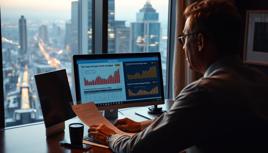 A serene financial office interior, with a large window overlooking a bustling cityscape. In the foreground, a financial advisor sits at a desk, reviewing financial documents and charts detailing tax-loss harvesting strategies on a high-resolution computer display. Warm, directional lighting from the window casts a soft glow, creating a contemplative atmosphere. The middle ground features tasteful, modern office decor - a sleek, minimalist aesthetic with clean lines and neutral tones. The background showcases the vibrant, dynamic city outside, symbolizing the comprehensive services and personalized guidance offered by Schwab Intelligent Portfolios to help seniors navigate the complexities of investment management.