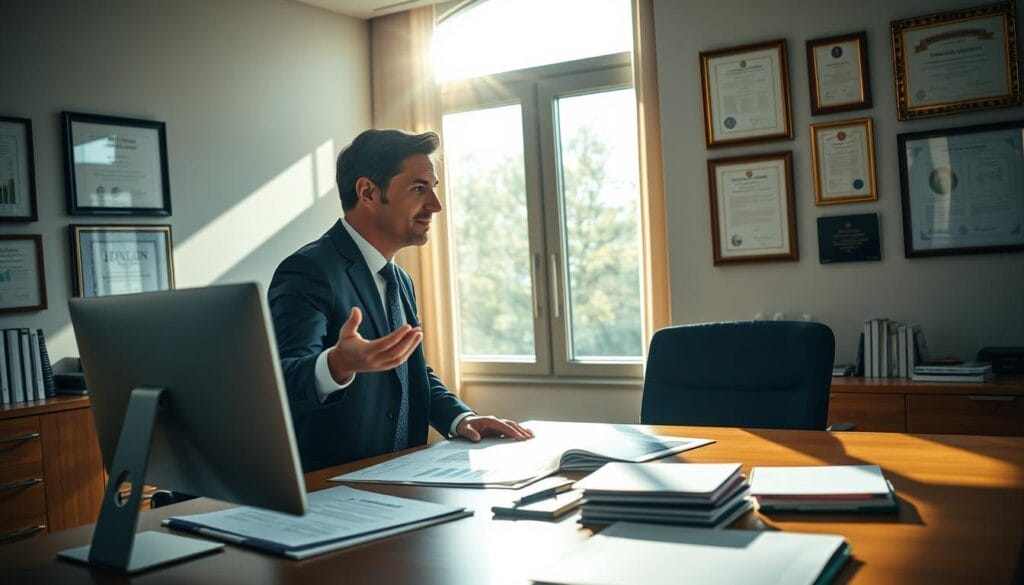 A serene financial planning office, sunlight streaming through large windows, illuminating a wooden desk with a computer, charts, and folders. In the foreground, a financial advisor in a tailored suit gestures towards a client, their expressions thoughtful and engaged. On the walls, framed certificates and awards highlighting the advisor's accreditations and expertise. The room conveys a sense of professionalism, trust, and the benefits of working with a qualified, certified financial planner to achieve one's financial goals. A serene financial planning office, sunlight streaming through large windows, illuminating a wooden desk with a computer, charts, and folders. In the foreground, a financial advisor in a tailored suit gestures towards a client, their expressions thoughtful and engaged. On the walls, framed certificates and awards highlighting the advisor's accreditations and expertise. The room conveys a sense of professionalism, trust, and the benefits of working with a qualified, certified financial planner to achieve one's financial goals.