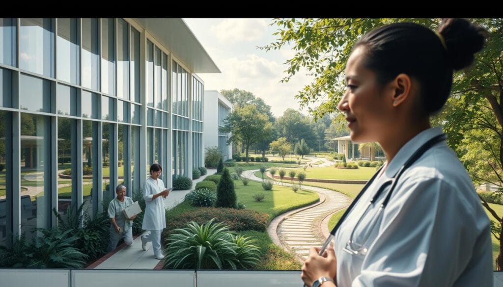 A serene healthcare facility nestled in a lush, verdant landscape. The modern, airy building features large windows that allow natural light to flood the interior, creating a warm and welcoming atmosphere. In the foreground, a team of attentive healthcare professionals in crisp, white uniforms tending to the needs of their patients with a compassionate and personalized approach. The middle ground showcases a well-equipped, state-of-the-art medical wing, showcasing the latest advancements in care and technology. In the background, a tranquil garden with a meandering path, where patients and their families can find respite and rejuvenation. The overall scene conveys a sense of high-quality, comprehensive healthcare services focused on the well-being and comfort of those in need. A serene healthcare facility nestled in a lush, verdant landscape. The modern, airy building features large windows that allow natural light to flood the interior, creating a warm and welcoming atmosphere. In the foreground, a team of attentive healthcare professionals in crisp, white uniforms tending to the needs of their patients with a compassionate and personalized approach. The middle ground showcases a well-equipped, state-of-the-art medical wing, showcasing the latest advancements in care and technology. In the background, a tranquil garden with a meandering path, where patients and their families can find respite and rejuvenation. The overall scene conveys a sense of high-quality, comprehensive healthcare services focused on the well-being and comfort of those in need.