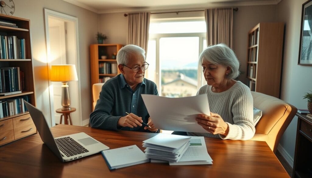 A serene home office scene with an elderly couple reviewing financial documents together. Warm lighting casts a soft glow, highlighting the couple's attentive expressions as they discuss retirement planning strategies. In the foreground, a wooden desk holds a laptop, pen, and stack of papers. Bookshelves line the walls, conveying a sense of financial wisdom and expertise. The middle ground features armchairs positioned for an intimate consultation, while the background showcases a picturesque view through a window, suggesting the couple's financial security and peace of mind.