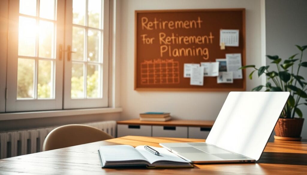 A serene home office setting, bathed in warm, natural lighting through large windows. On the desk, a laptop, a pen, and a notebook, symbolizing retirement planning. The background features a corkboard with handwritten notes, a calendar, and financial documents, conveying the organization and attention to detail required for retirement goals. A potted plant in the corner adds a touch of life and tranquility. The overall scene evokes a sense of focus, clarity, and a well-thought-out approach to retirement budgeting and expense management.