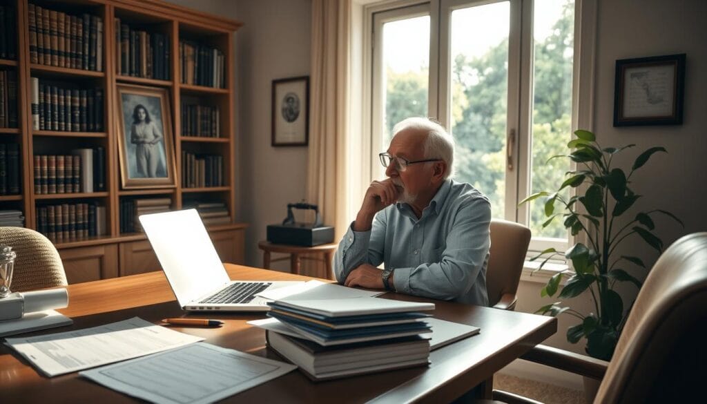 A serene home office setting, bathed in warm, soft lighting from a large window. On the desk, financial documents, a laptop, and a thoughtful senior holding a pen, deep in contemplation. Bookshelves line the walls, filled with law and finance texts. In the background, a framed family portrait and a view of a lush, tranquil garden, suggesting the importance of legacy and long-term planning. The composition evokes a sense of wisdom, diligence, and a commitment to securing one's financial future for future generations. A serene home office setting, bathed in warm, soft lighting from a large window. On the desk, financial documents, a laptop, and a thoughtful senior holding a pen, deep in contemplation. Bookshelves line the walls, filled with law and finance texts. In the background, a framed family portrait and a view of a lush, tranquil garden, suggesting the importance of legacy and long-term planning. The composition evokes a sense of wisdom, diligence, and a commitment to securing one's financial future for future generations.