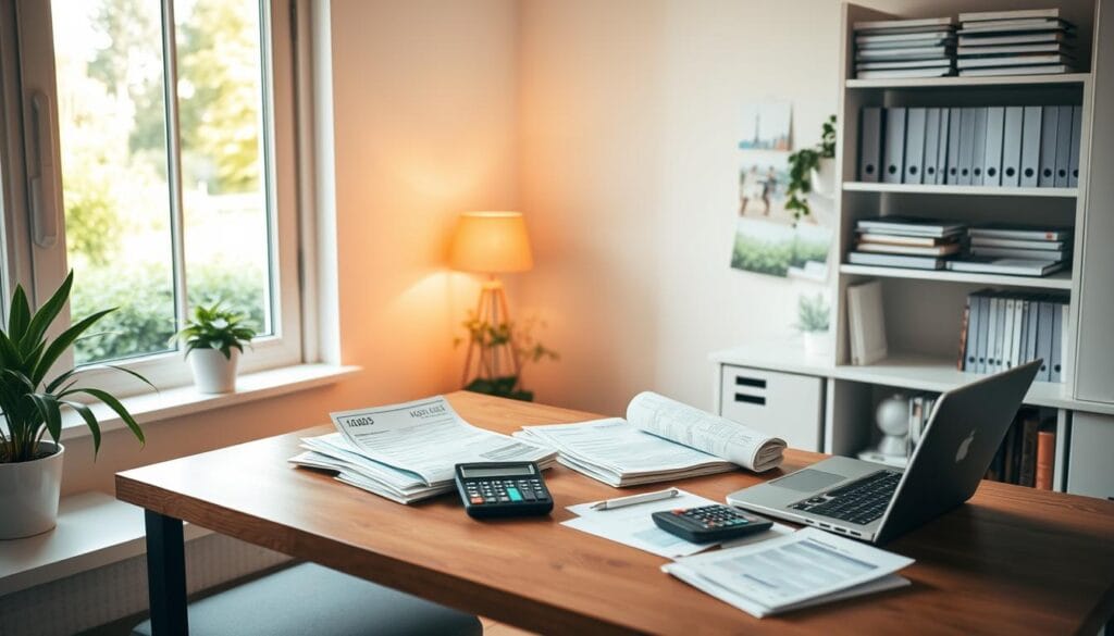 A serene home office setting with a desk, chair, and shelves filled with financial documents and a laptop computer. The lighting is warm and inviting, with a large window overlooking a peaceful garden in the background. On the desk, there are various savings account statements, investment portfolios, and a calculator, symbolizing the careful planning and strategies used to maximize the long-term value of retirement health savings. The overall atmosphere is one of thoughtfulness, organization, and financial well-being.