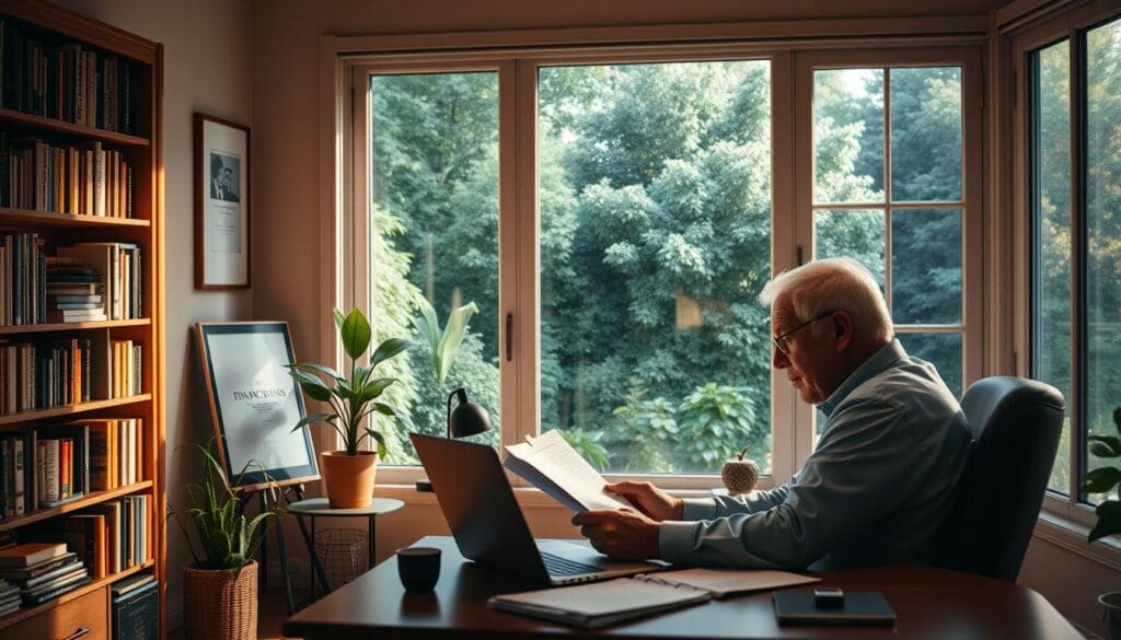 A serene home office with a warm, cozy atmosphere. In the foreground, an elderly person sits at a desk, deeply focused on financial documents and a laptop. The middle ground features bookshelves filled with financial planning resources, a potted plant, and a framed diploma or certificate. The background showcases a large window overlooking a lush garden, bathed in soft, natural lighting. The overall scene conveys a sense of financial preparedness, contemplation, and a comfortable, budget-conscious lifestyle for a senior.
