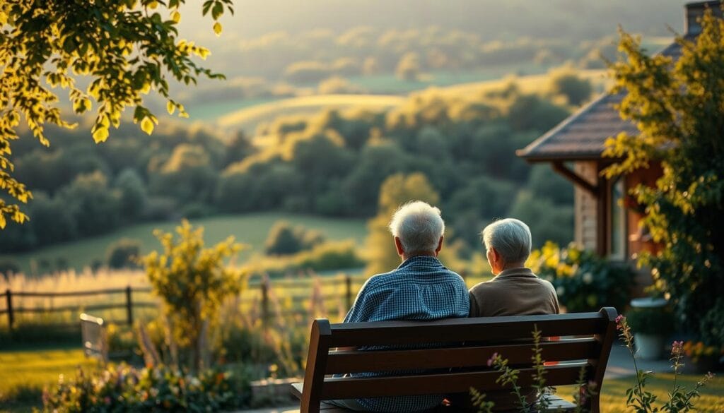 A serene, idyllic retirement scene with a lush, verdant landscape in the background. In the foreground, a cozy cottage with a well-tended garden, where a retired couple is sitting on a wooden bench, enjoying the tranquility of their newfound leisure. Warm, golden sunlight filters through the trees, casting a gentle glow over the scene. The couple's expressions convey a sense of contentment and fulfillment, reflecting the changes and adaptations they've made to their lifestyle and financial planning in order to embrace this new chapter of their lives.